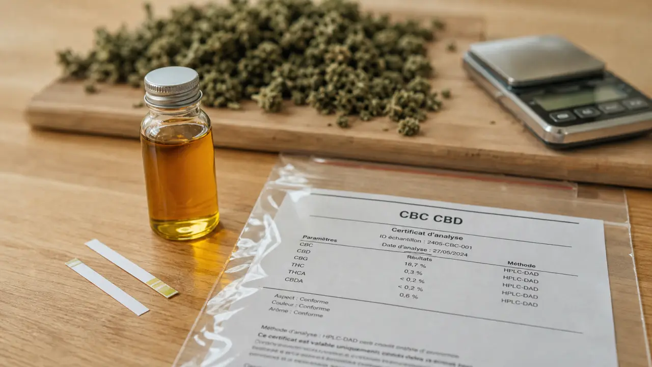 cbc cbd : huile ambrée, certificat d’analyse et bandelettes