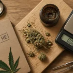 CBD HE : fleur et résine premium sur table bois, trichomes visibles