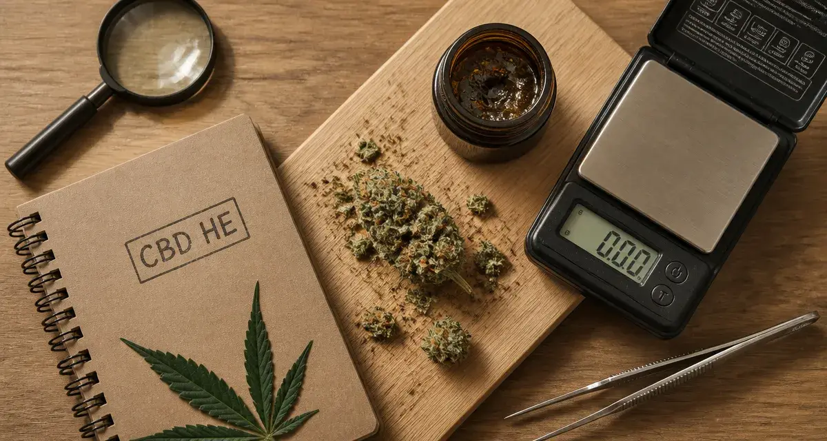 CBD HE : fleur et résine premium sur table bois, trichomes visibles