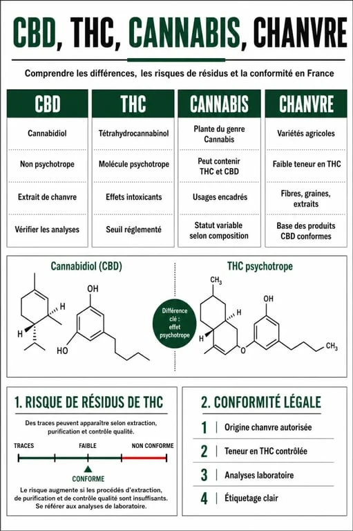 Infographie comparative pour cbd fr : différences entre CBD, THC, cannabis et chanvre