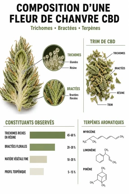 Infographie explicative sur la composition et la qualité de la trim CBD