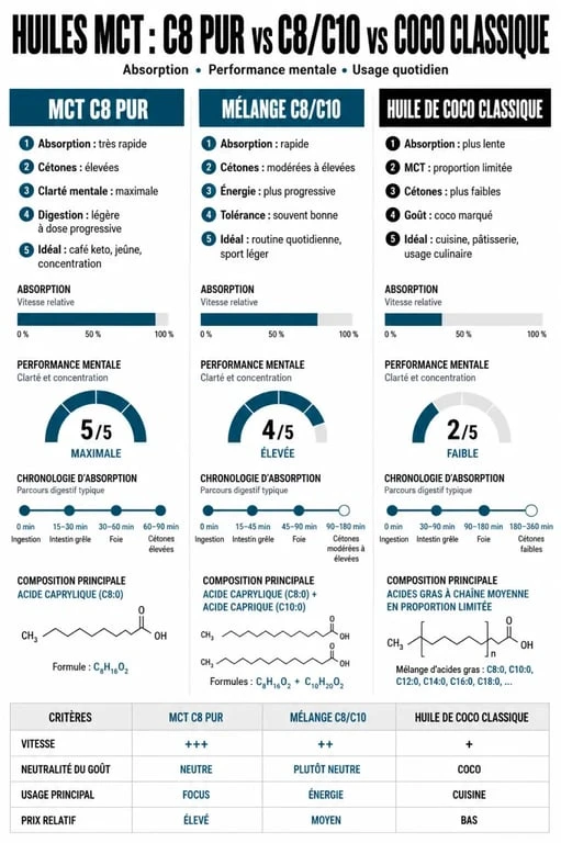 Infographie comparative des types d'huile MCT pour aider à choisir la meilleure huile MCT à acheter