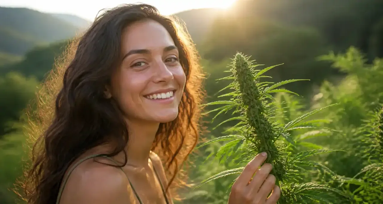 Femme au teint naturel entour&eacute;e de plantes, beaut&eacute; bio et CBD