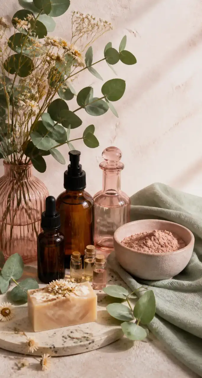 Flacons de cosm&eacute;tiques bio en verre ambr&eacute; et ros&eacute; entour&eacute;s d&rsquo;eucalyptus, de camomille s&eacute;ch&eacute;e et d&rsquo;argile rose sur fond porcelaine