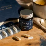 Calmea CBD : gélules CBD et pot sur table en bois
