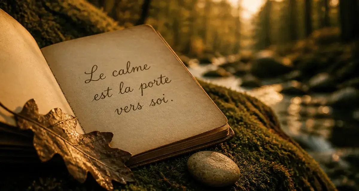 Citation beauté naturelle : carnet et feuille de chêne, golden hour