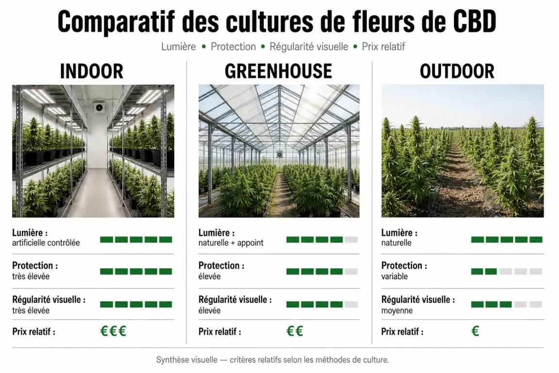 Fleur cbd greenhouse : comparaison visuelle entre indoor, greenhouse et outdoor