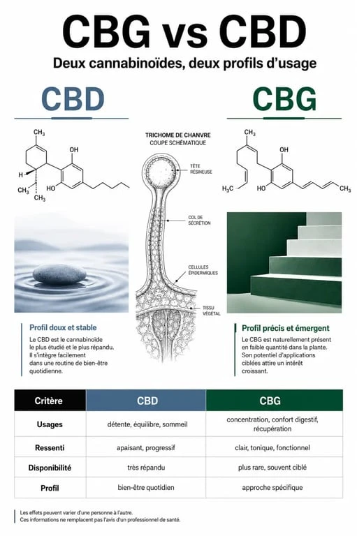 Infographie comparative CBG vs CBD montrant les différences de ressenti, d’usage et de disponibilité