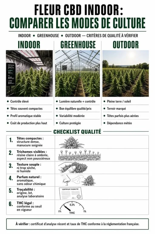 Fleur cbd indoor : comparaison des cultures indoor, greenhouse et outdoor avec critères de qualité