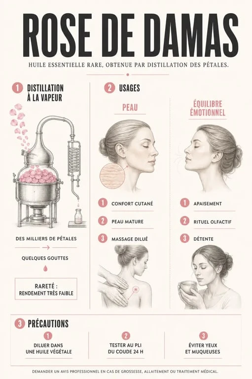 Huiles essentielles rose de Damas : rareté, usages et précautions en infographie éditoriale