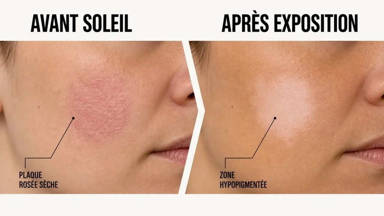 Crème pour dartre visage : évolution d’une plaque sèche sur la joue, d’abord rosée puis plus claire
