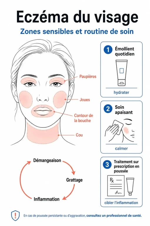 Crème eczéma visage illustrée sur les zones sensibles du visage et la routine de soin