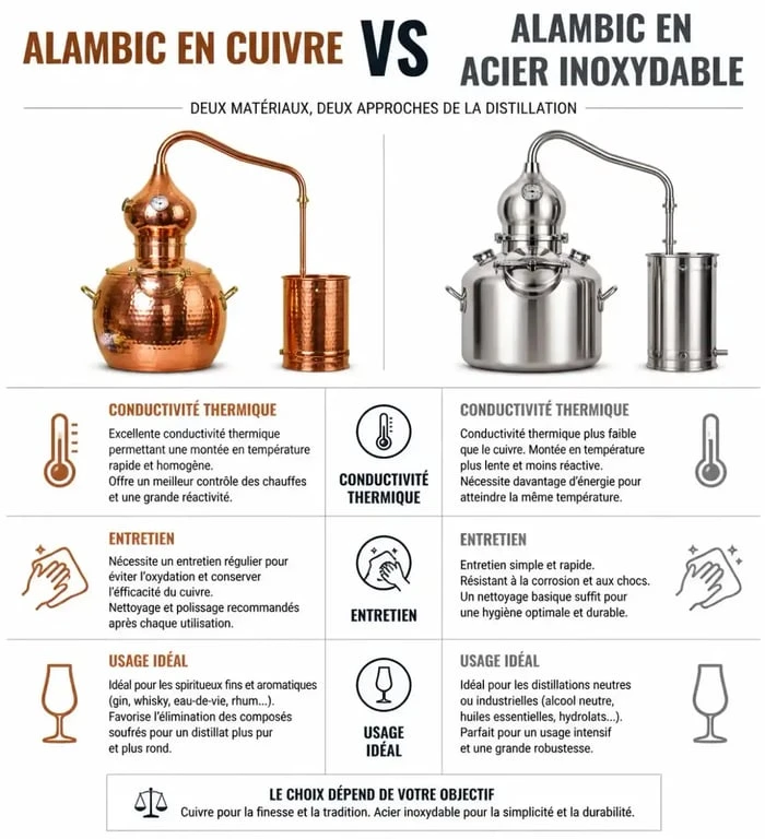 Comparatif des matériaux pour alambic pour huiles essentielles : cuivre vs acier inoxydable