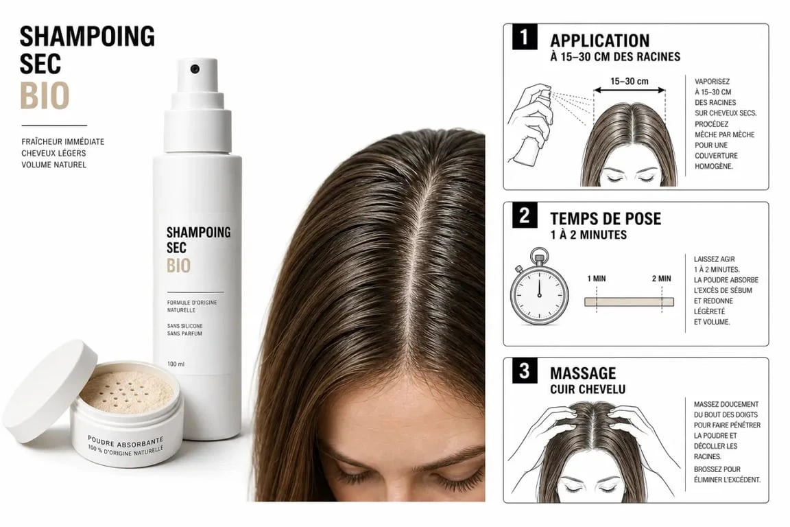 Shampoing sec bio : mode d’emploi visuel pour appliquer spray ou poudre sans traces blanches
