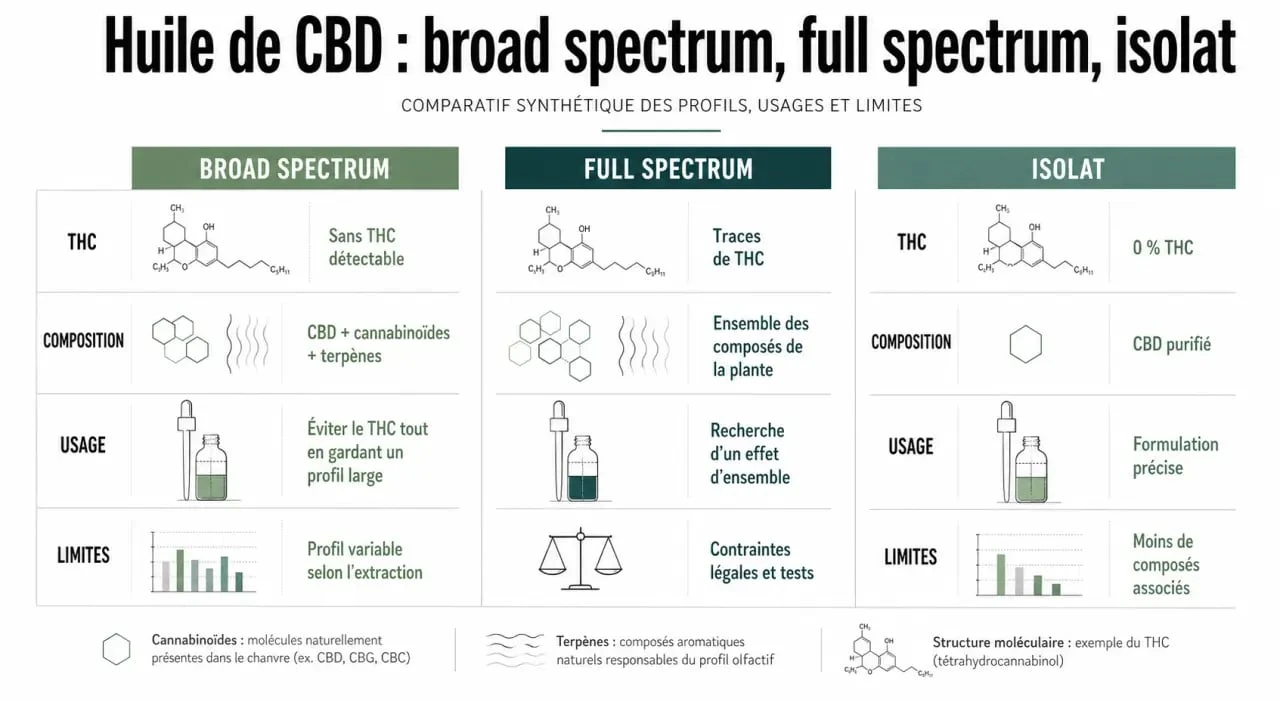 Infographie comparative sur l’huile de CBD broad spectrum, le full spectrum et l’isolat