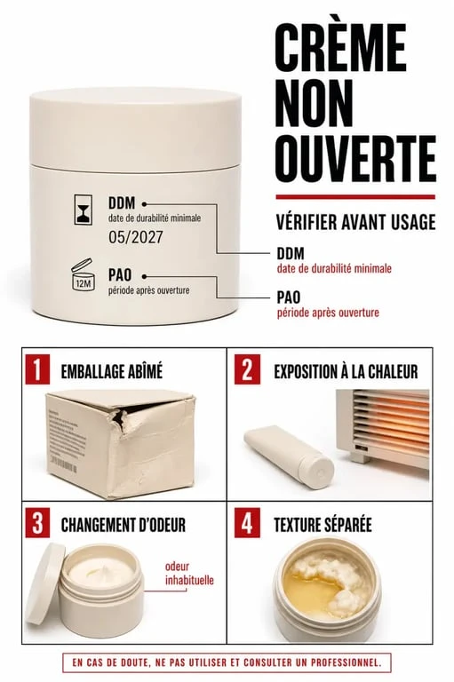 Crème visage périmée pas ouverte : schéma éditorial des dates DDM et PAO et des signes d’altération