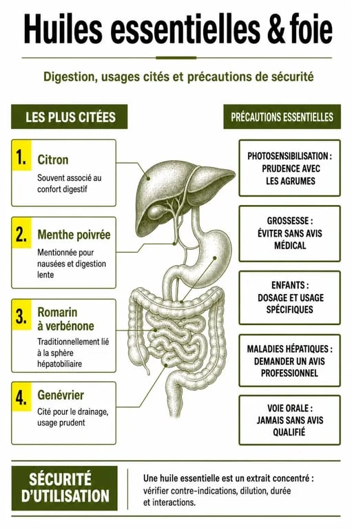 Foie et huiles essentielles : infographie des huiles les plus citées et des principales précautions