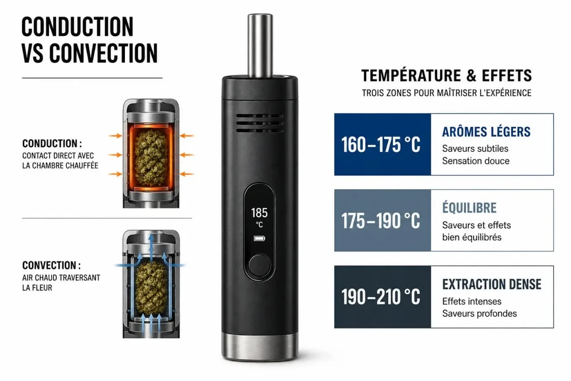Vaporisateur fleur CBD avec repères de température et comparaison conduction convection