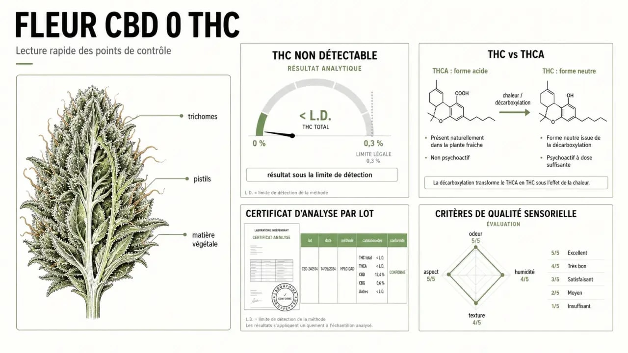 Infographie sur la fleur CBD 0 THC avec certificat d’analyse et critères de qualité