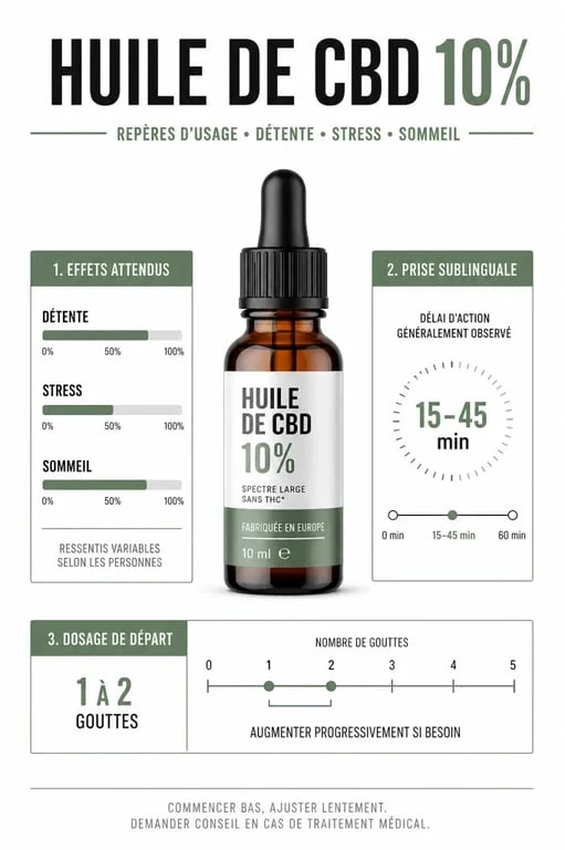 Huile de cbd 10 effet : infographie sur les effets, le délai d’action et le dosage de départ
