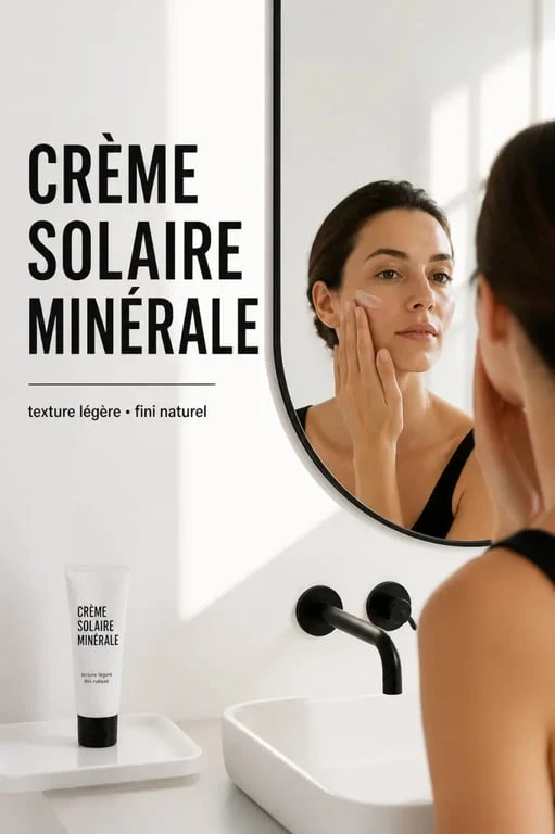 Alga Maris crème solaire visage SPF 50 appliquée en fine couche sur le visage, scène éditoriale lumineuse