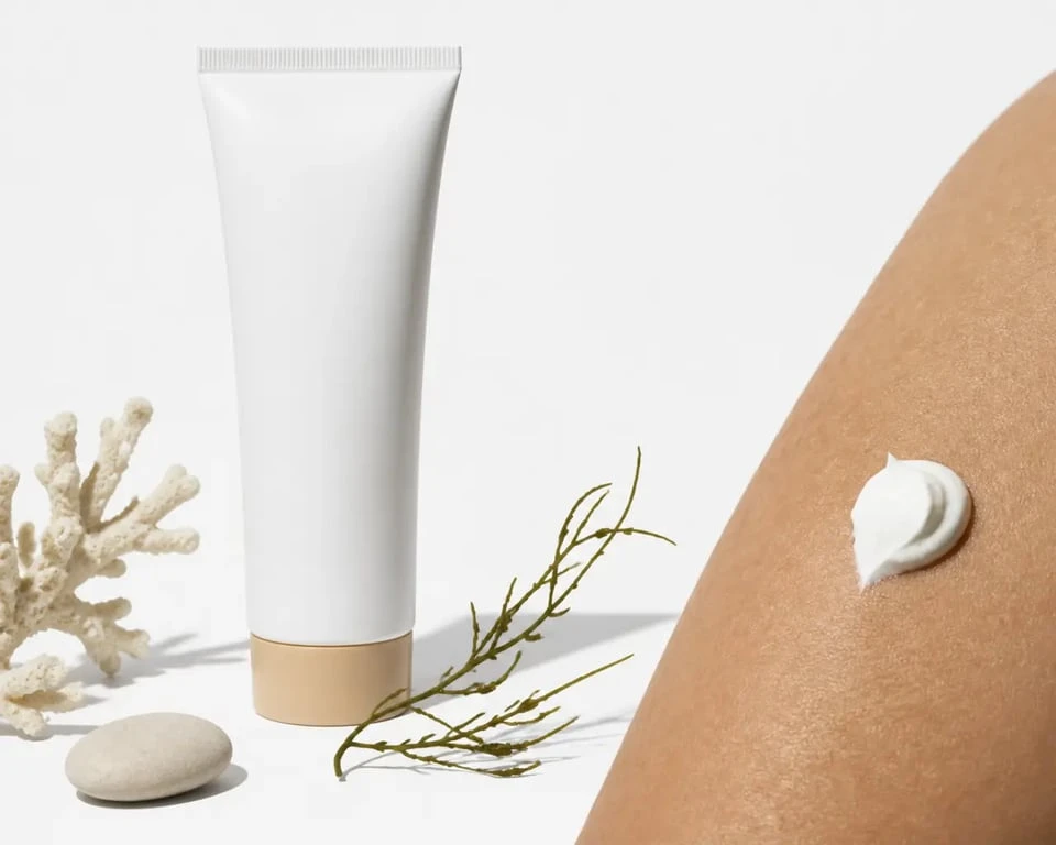 Alga Maris crème solaire visage SPF 50 en tube avec texture minérale et rendu sur peau, composition éditoriale sobre