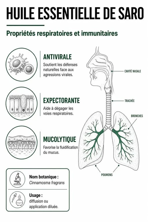 Infographie des propriétés et bienfaits de l'huile essentielle de Saro pour la santé respiratoire