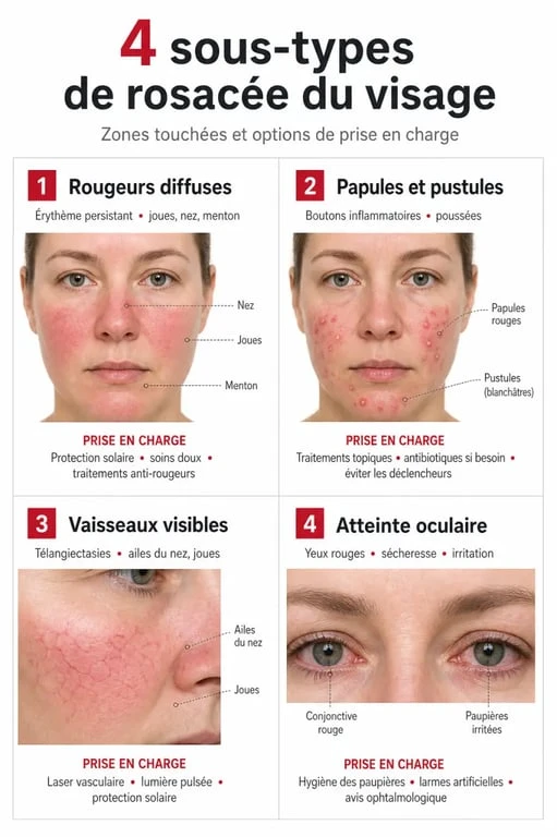 Crème rosacée visage : sous-types de rosacée et traitements associés en un coup d'œil