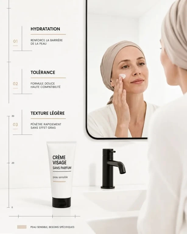 Quelle crème visage pendant chimio : routine douce avec crème visage sans parfum appliquée sur peau sensible