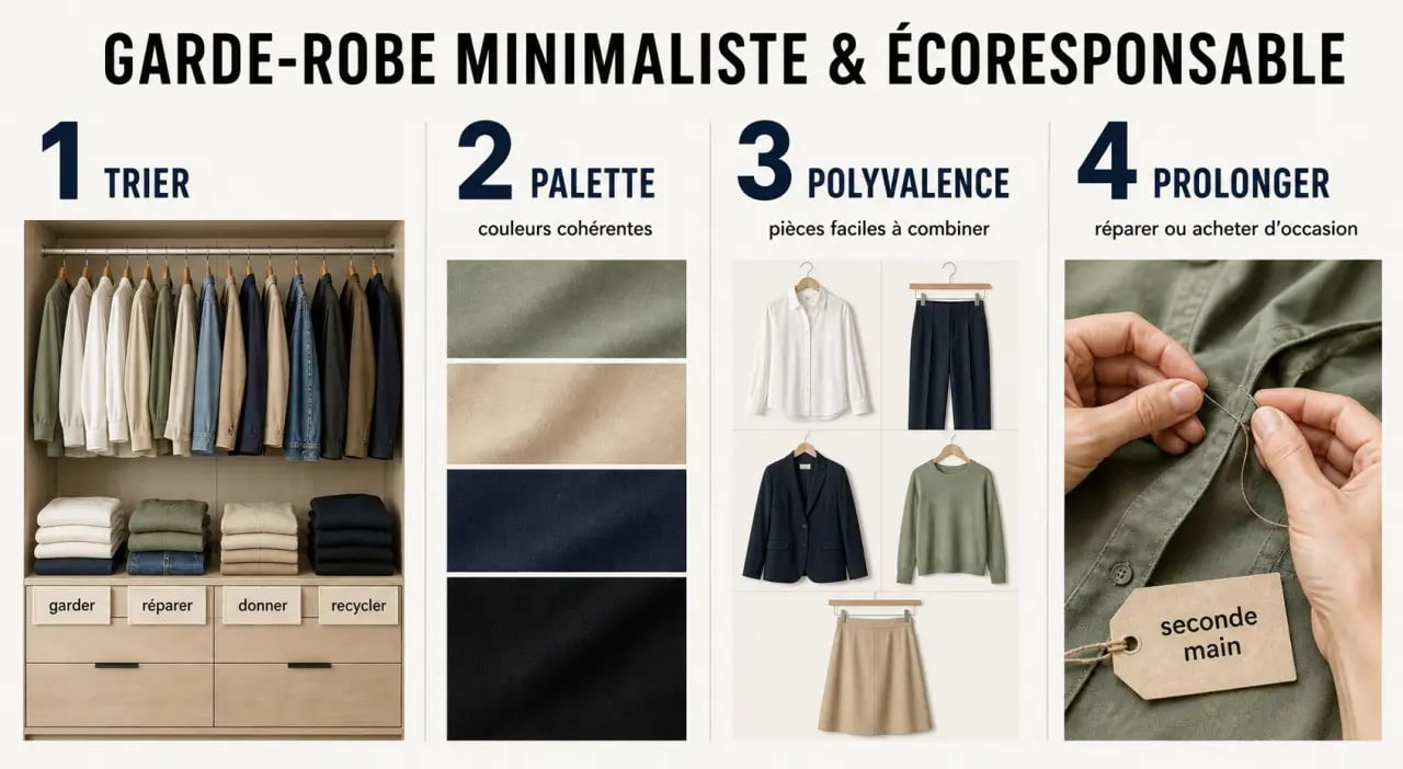 Comment construire une garde-robe minimaliste et écoresponsable au quotidien : tri du dressing, palette de couleurs et pièces polyvalentes