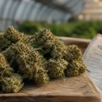 Fleur CBD greenhouse sous serre : têtes de chanvre CBD, trichomes givrés et lumière naturelle