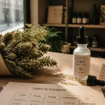 Flowers power cbd Lyon Croix-Rousse : huiles CBD et fleurs sur table en vitrine