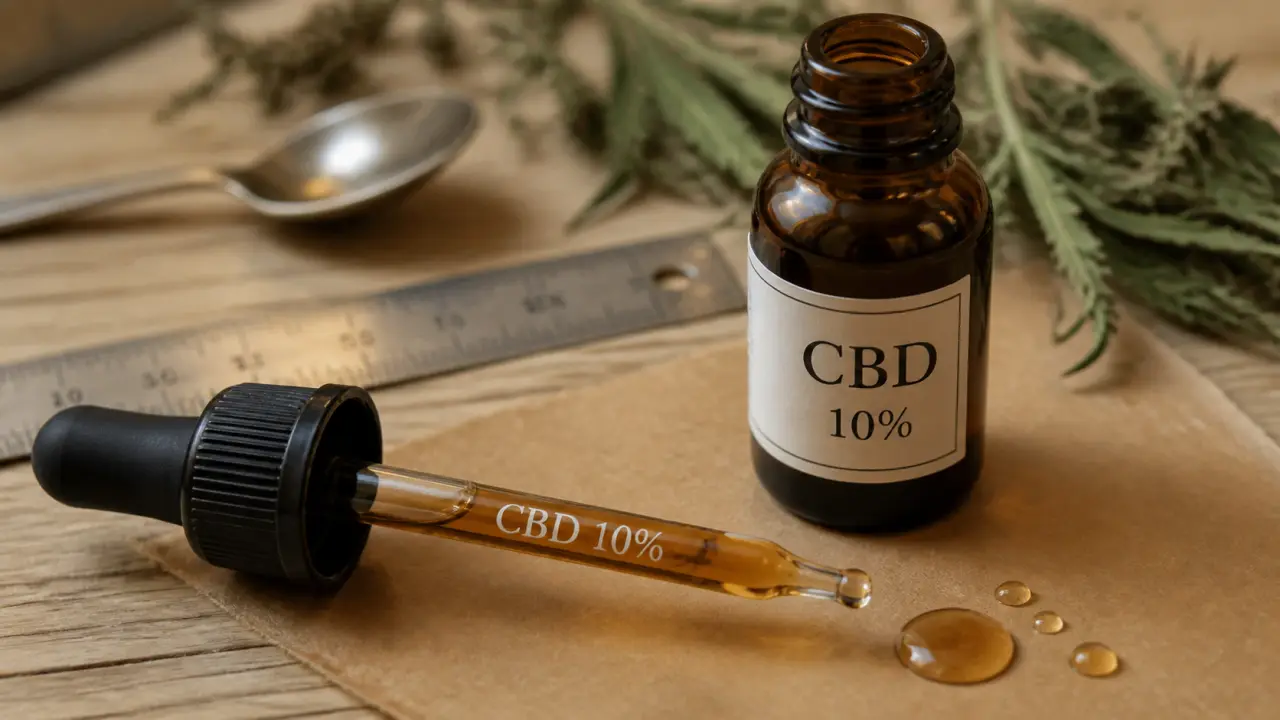 Huile de cbd 10 effet : pipette et flacon CBD 10% sur table bois clair
