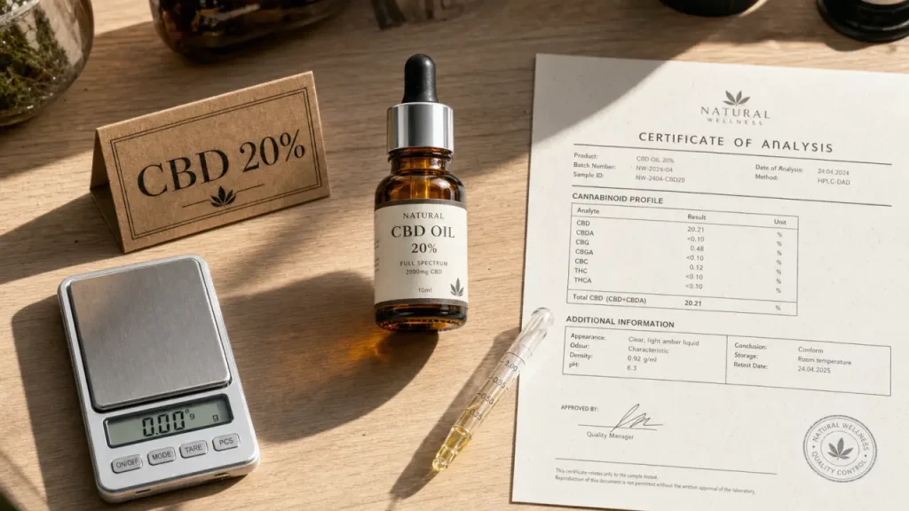 Huile de CBD 20% : 2000 mg, spectre et dosage sans se tromper