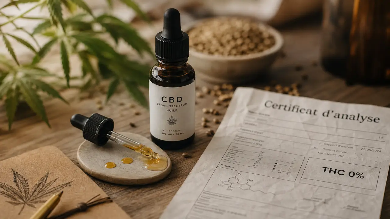Huile de cbd broad spectrum sans THC : flacon en verre fumé et pipette