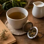 Infusion CBD : tasse, eau frémissante, fleurs et herbes dans une boule à thé