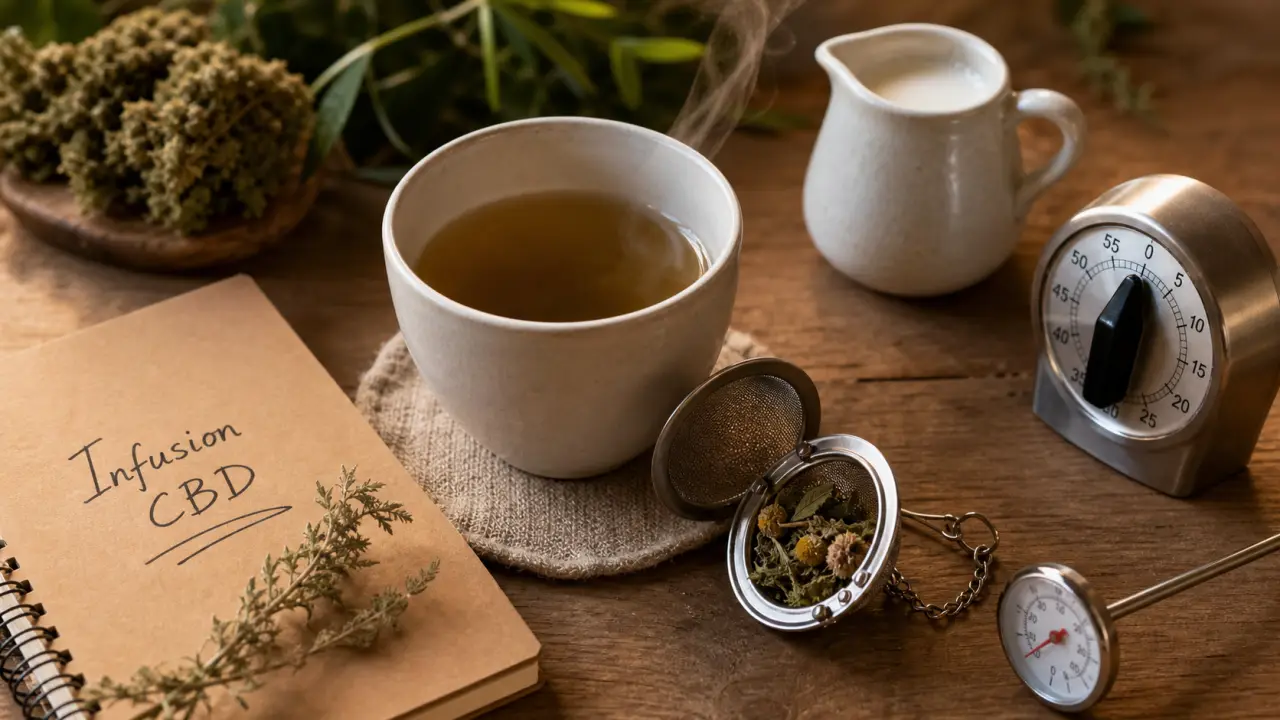 Infusion CBD : tasse, eau frémissante, fleurs et herbes dans une boule à thé