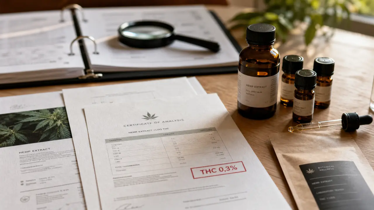 Producteur cbd origine 0,3% THC, documents et flacons