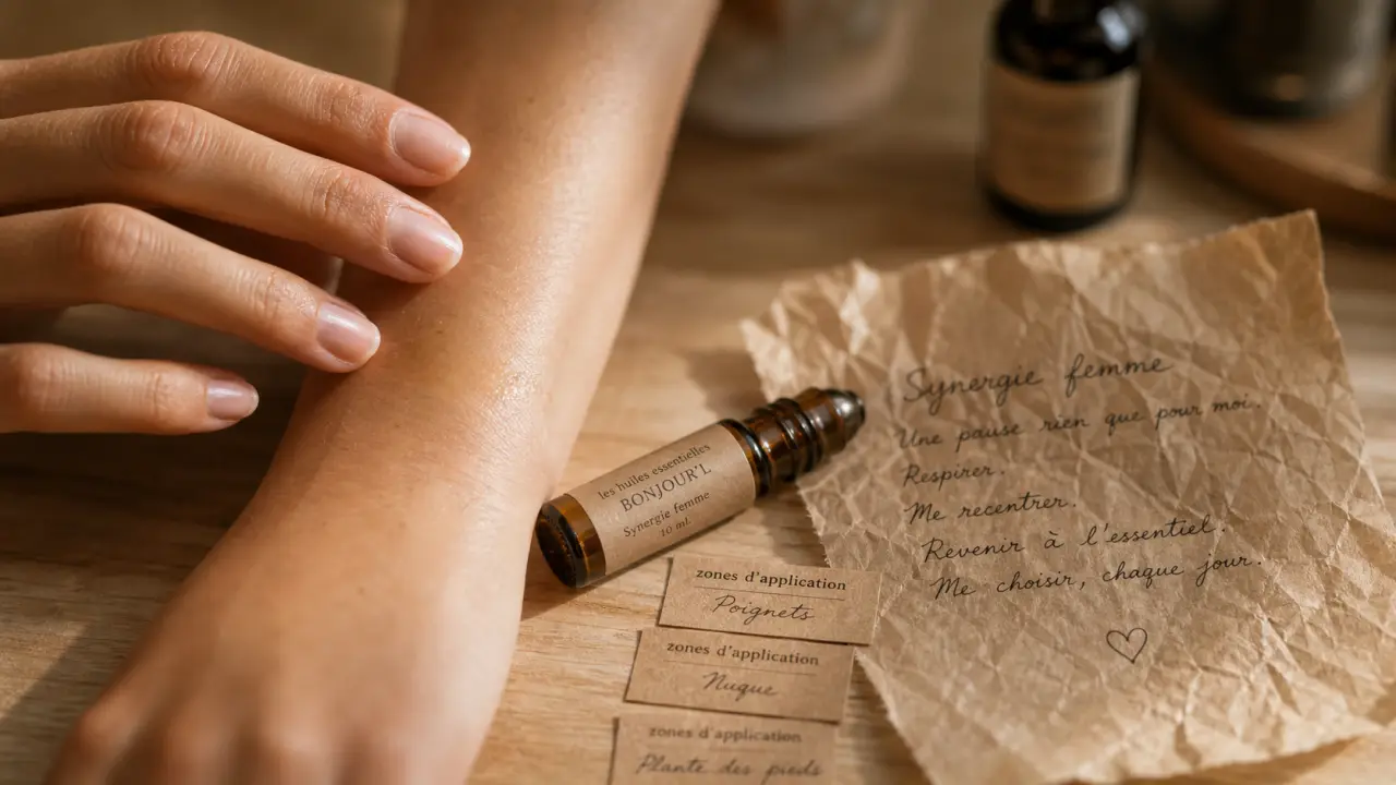 Roll on huiles essentielles sur table en bois : stress, sommeil, vitalité