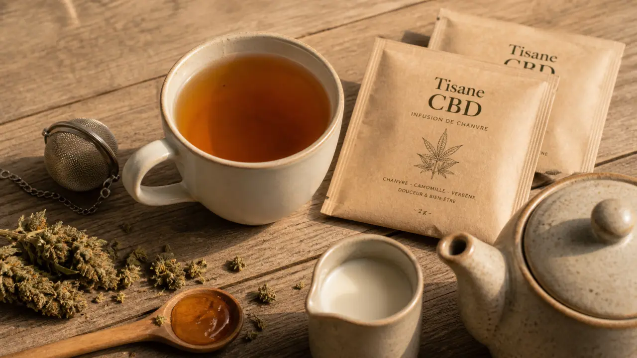 Tisane cbd chaude : mug ambré, miel et fleurs de chanvre