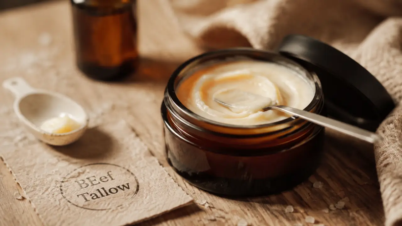 Beef tallow crème visage en pot ambré sur table bois, peau sèche et grasse