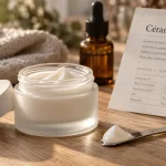 Ceramide crème visage aux céramides, pot et spatule sur table