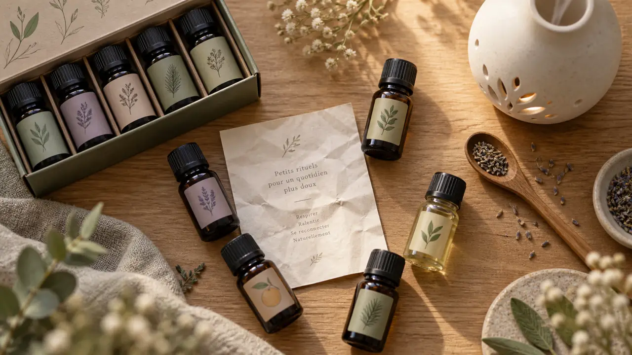 Coffret huiles essentielles avec flacons et notice