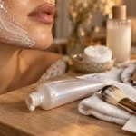 Crème peeling visage sur table, texture en gros plan, application