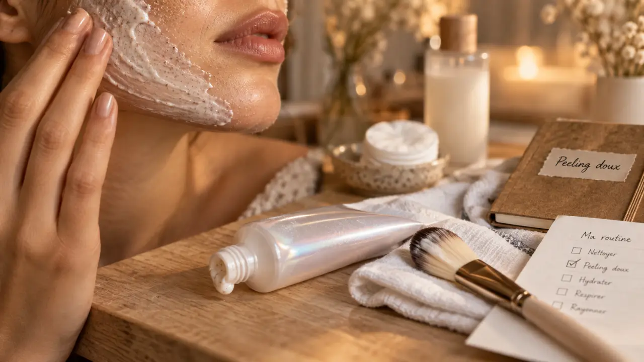 Crème peeling visage sur table, texture en gros plan, application
