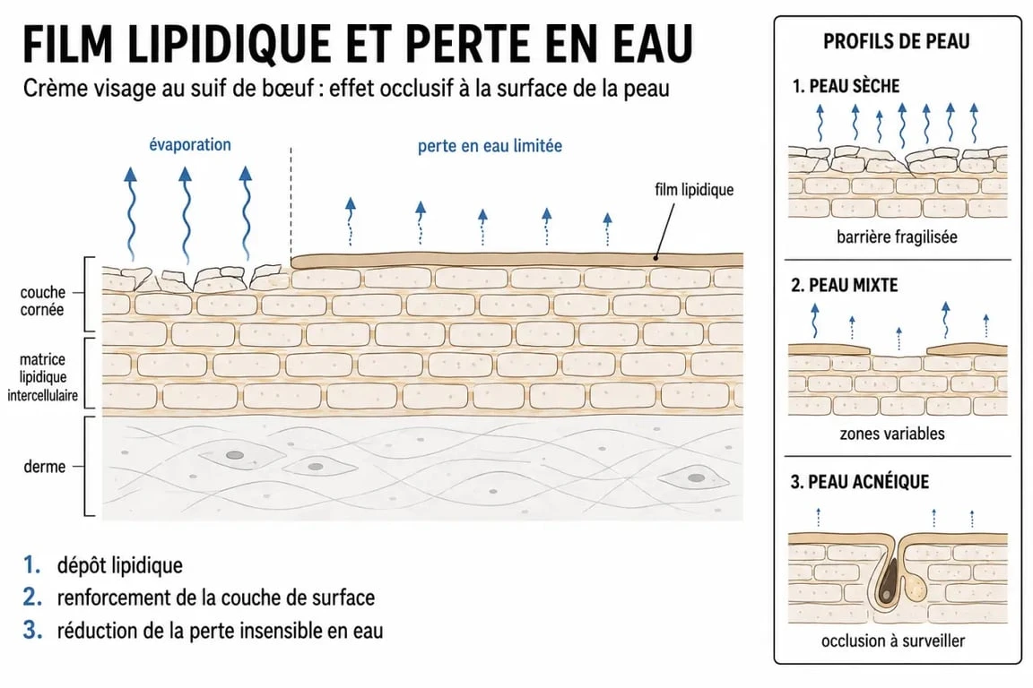 Schéma du beef tallow crème visage sur la barrière cutanée et les types de peau