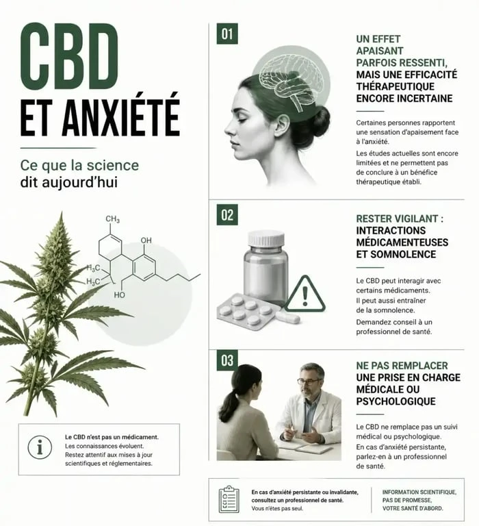Infographie sur le CBD et l’anxiété, l’efficacité incertaine et les précautions d’usage