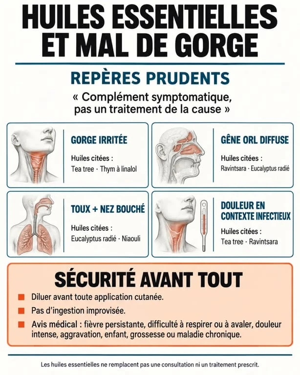 Infographie sur les huiles essentielles pour le mal de gorge et les précautions d’utilisation