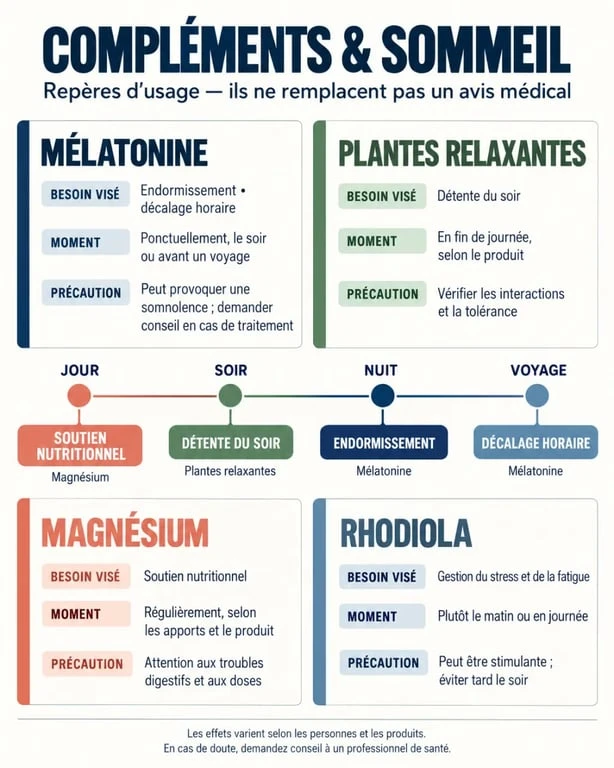 Compléments alimentaires pour dormir : mélatonine, plantes relaxantes, magnésium et rhodiola selon le besoin