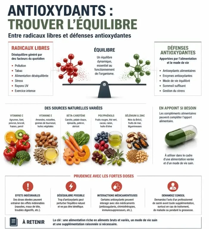 Infographie sur les compléments alimentaires anti oxydant et l’équilibre du stress oxydatif